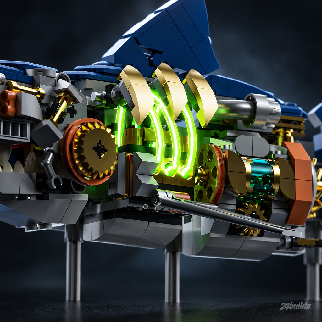 Mechanical Shark brick model, glowing green lights inside the body