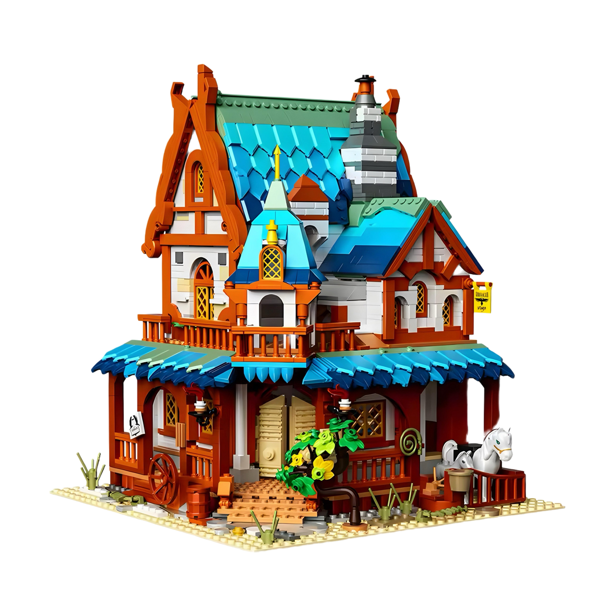A medieval post station with three horses