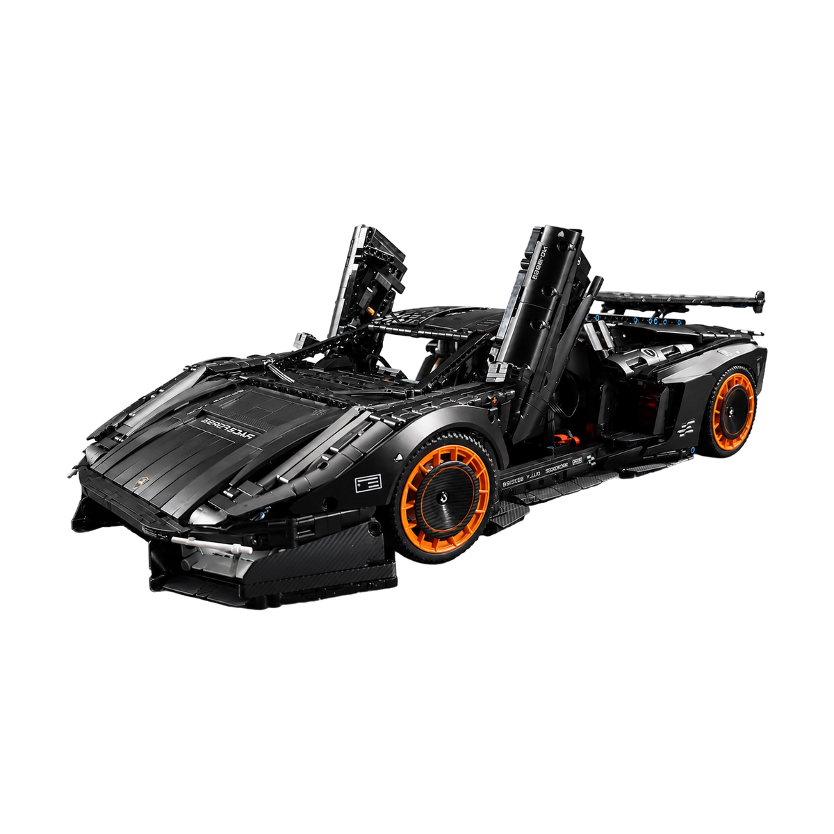 Matte black with orange-ringed wheels