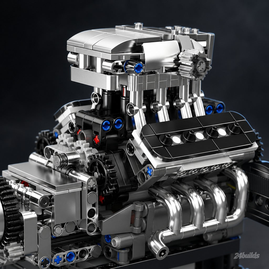 Motorised British V8 Supercar Engine brick model, chrome supercharger close-up