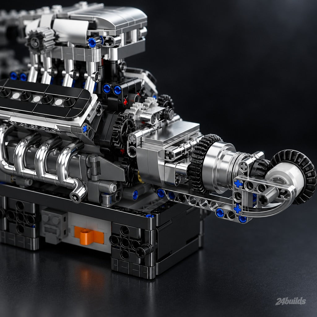 Motorised British V8 Supercar Engine brick model, chrome exhaust manifolds