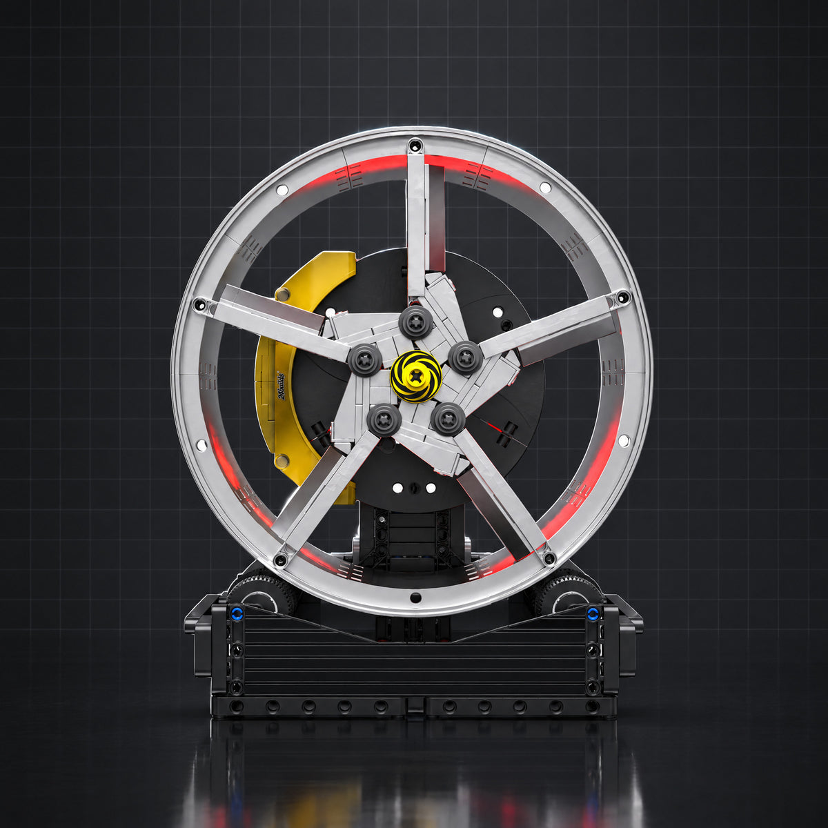 Motorised Five-Spoke Sport Wheel Hub brick model, front view, dark studio