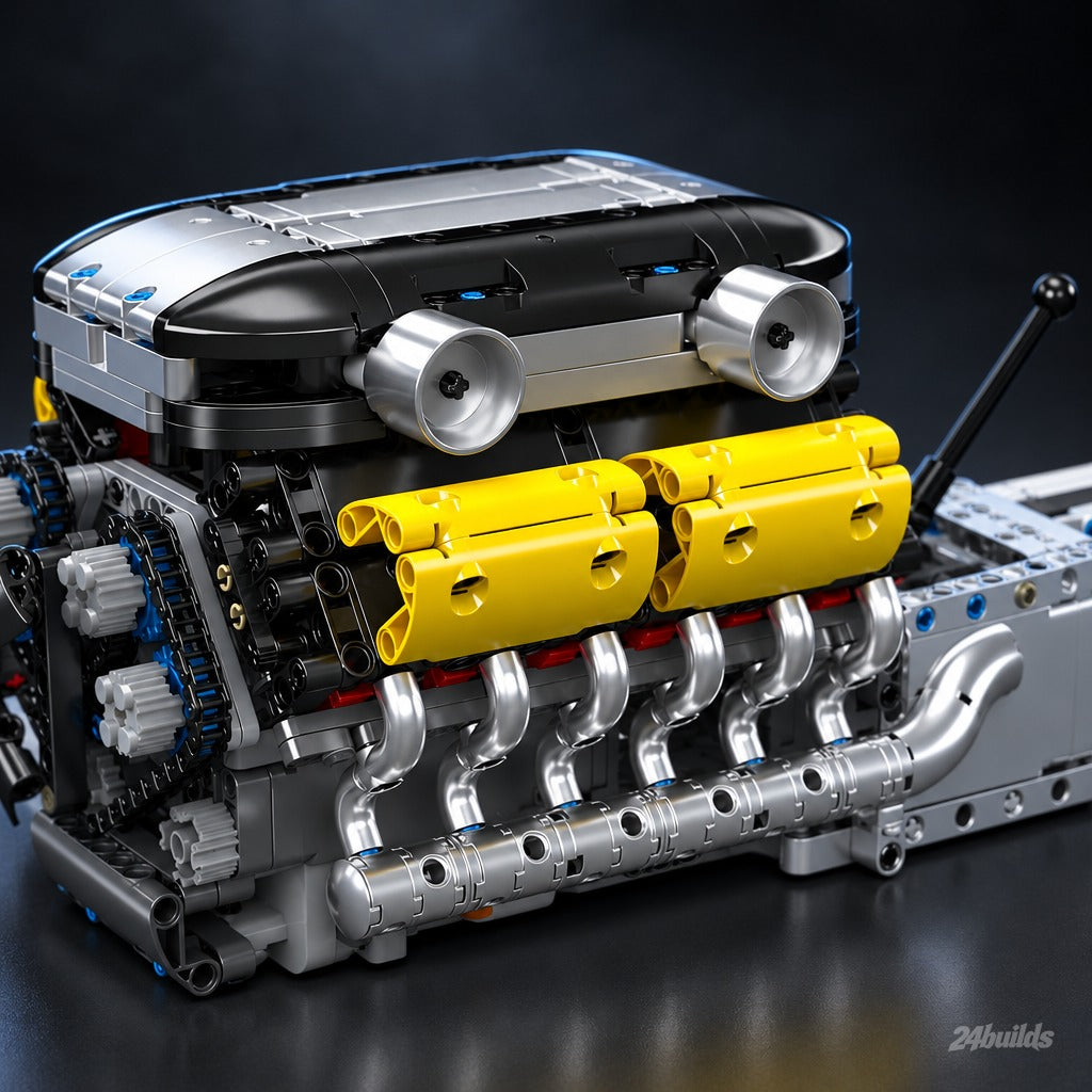 Motorised Italian V12 Engine brick model, yellow intakes and chrome air inlets