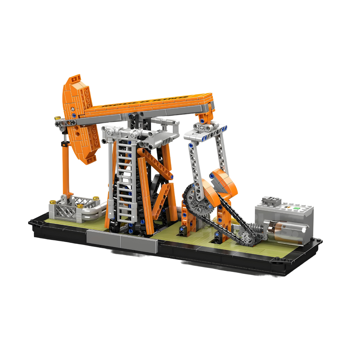 A motor drives the pumpjack through gears and chain
