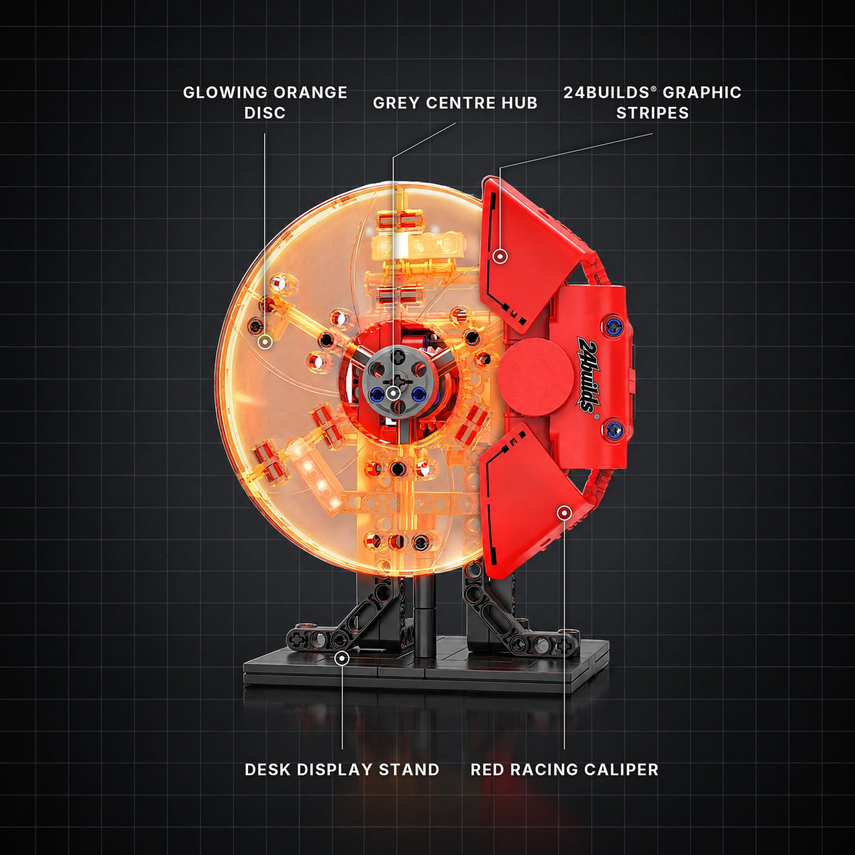 Motorised Racing Brake Disc brick model with its key features labelled