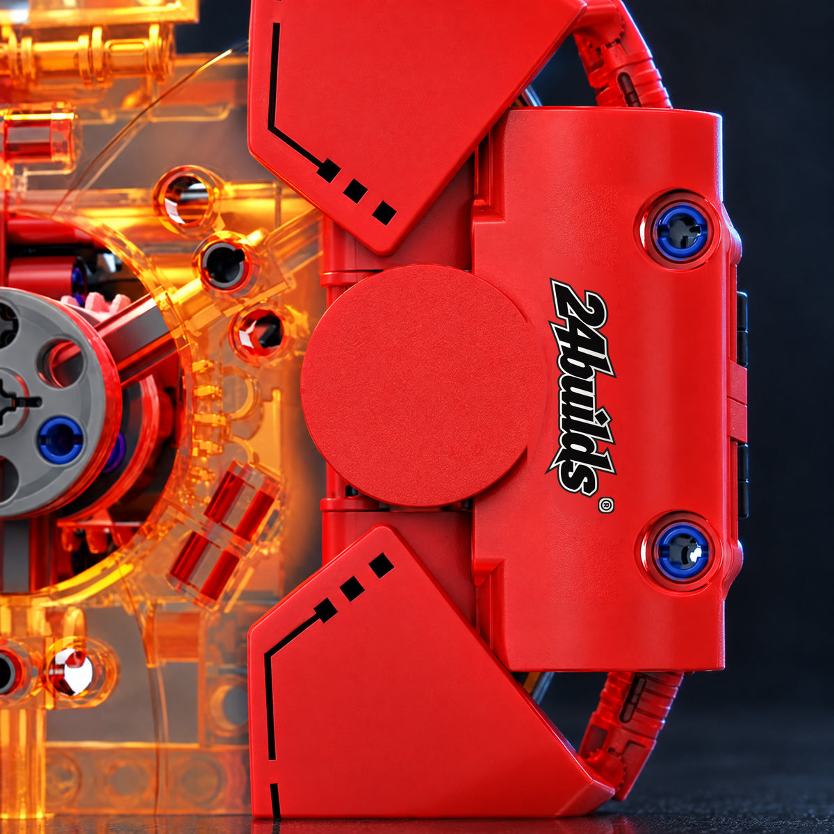 Motorised Racing Brake Disc brick model, red caliper with the 24builds® logo close-up