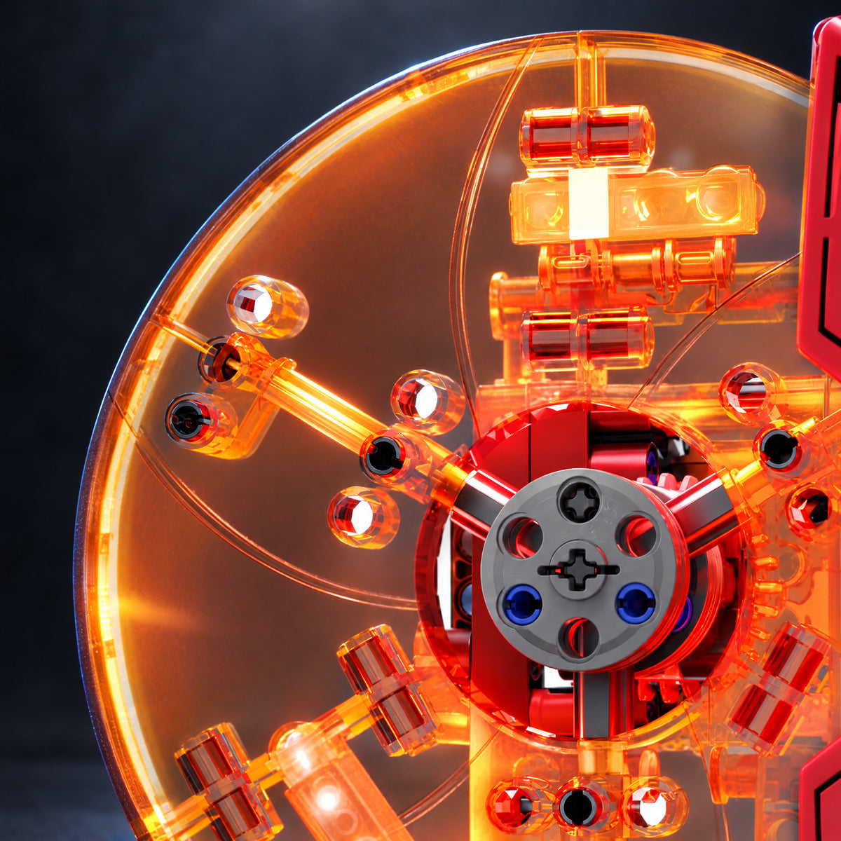 Motorised Racing Brake Disc brick model, glowing orange disc close-up