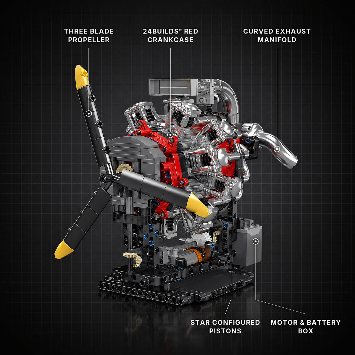 Motorised Radial Aircraft Engine brick model with its key features labelled