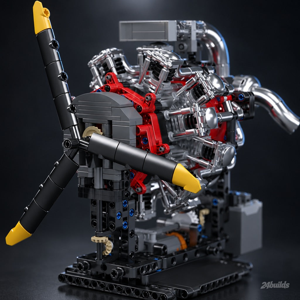 Motorised Radial Aircraft Engine brick model, three-blade propeller and hub