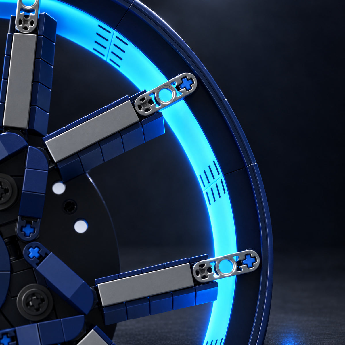 Motorised Ten-Spoke Hypercar Wheel Hub brick model, blue light inside the rim