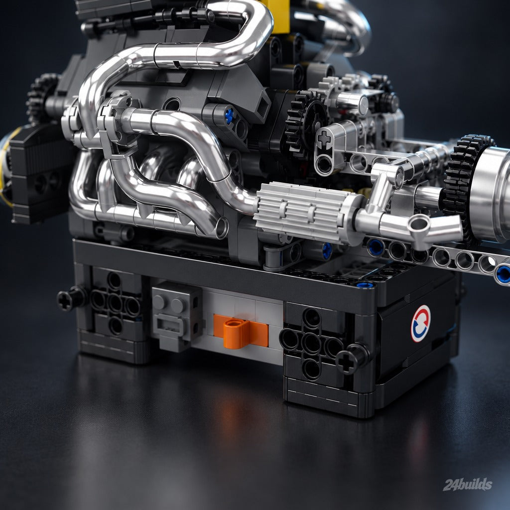 Motorised V8 Performance Engine brick model, black base with motor switch