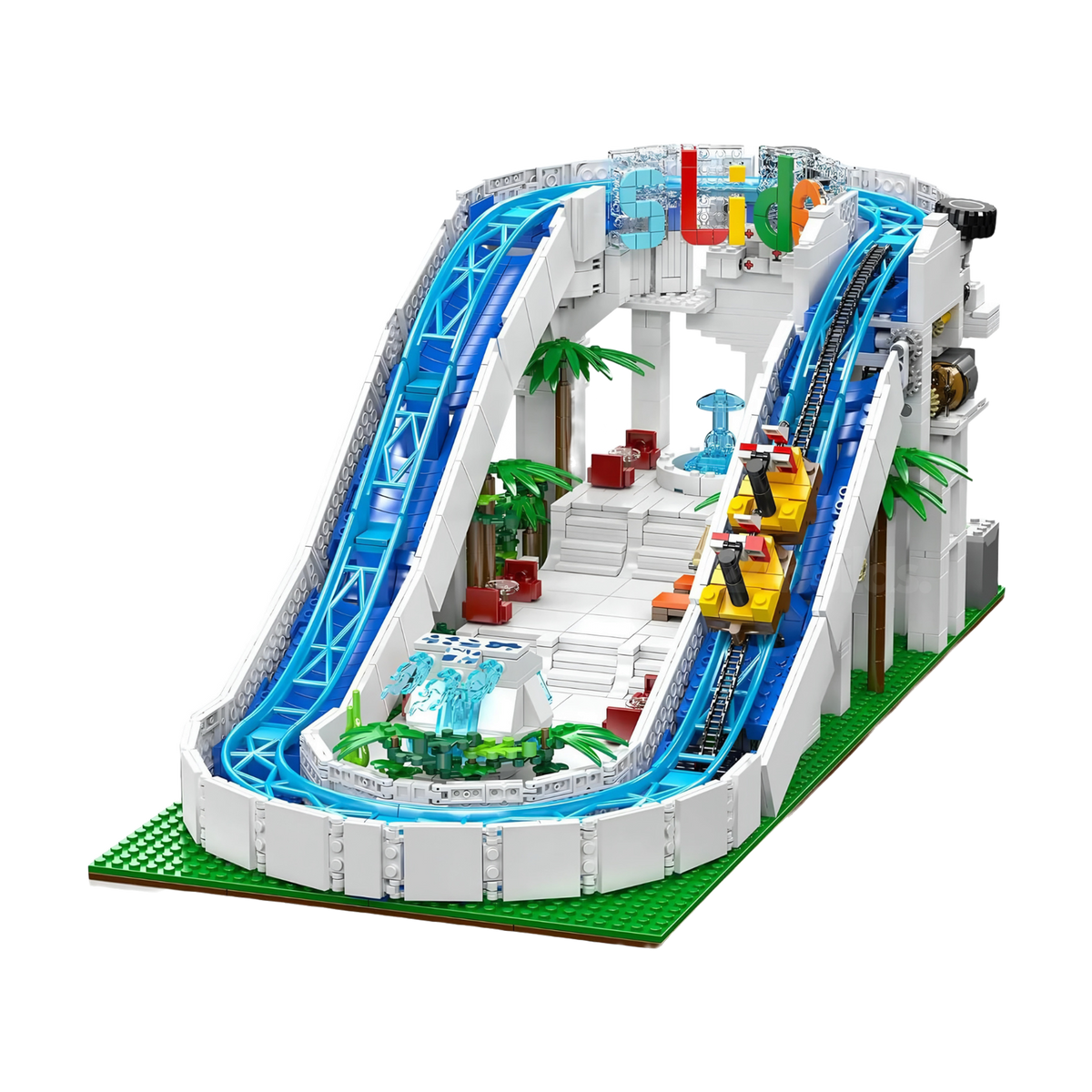 Two ride vehicles race down a motorised slide