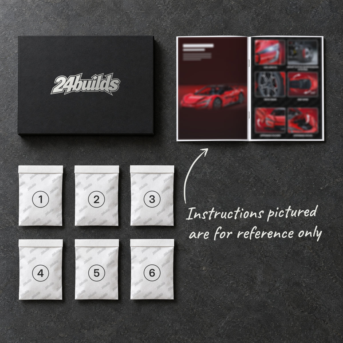 Top-down view of the black 24builds® Collector's Box, an open instruction booklet and six paper bags of pieces numbered 1 to 6, printed with the 24builds® logo