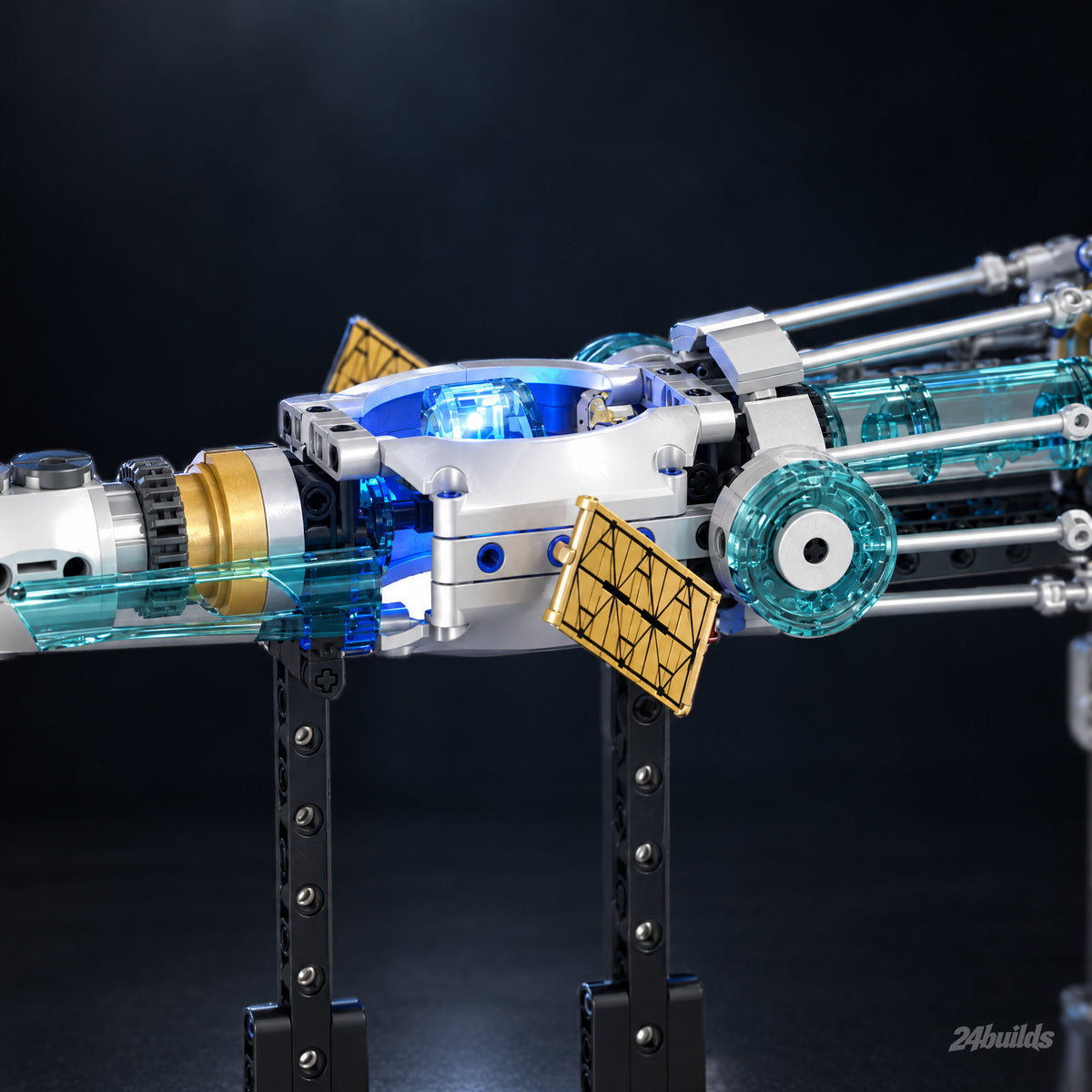 Orion Deep-Space Station: gold solar panel and teal tubes on the hull