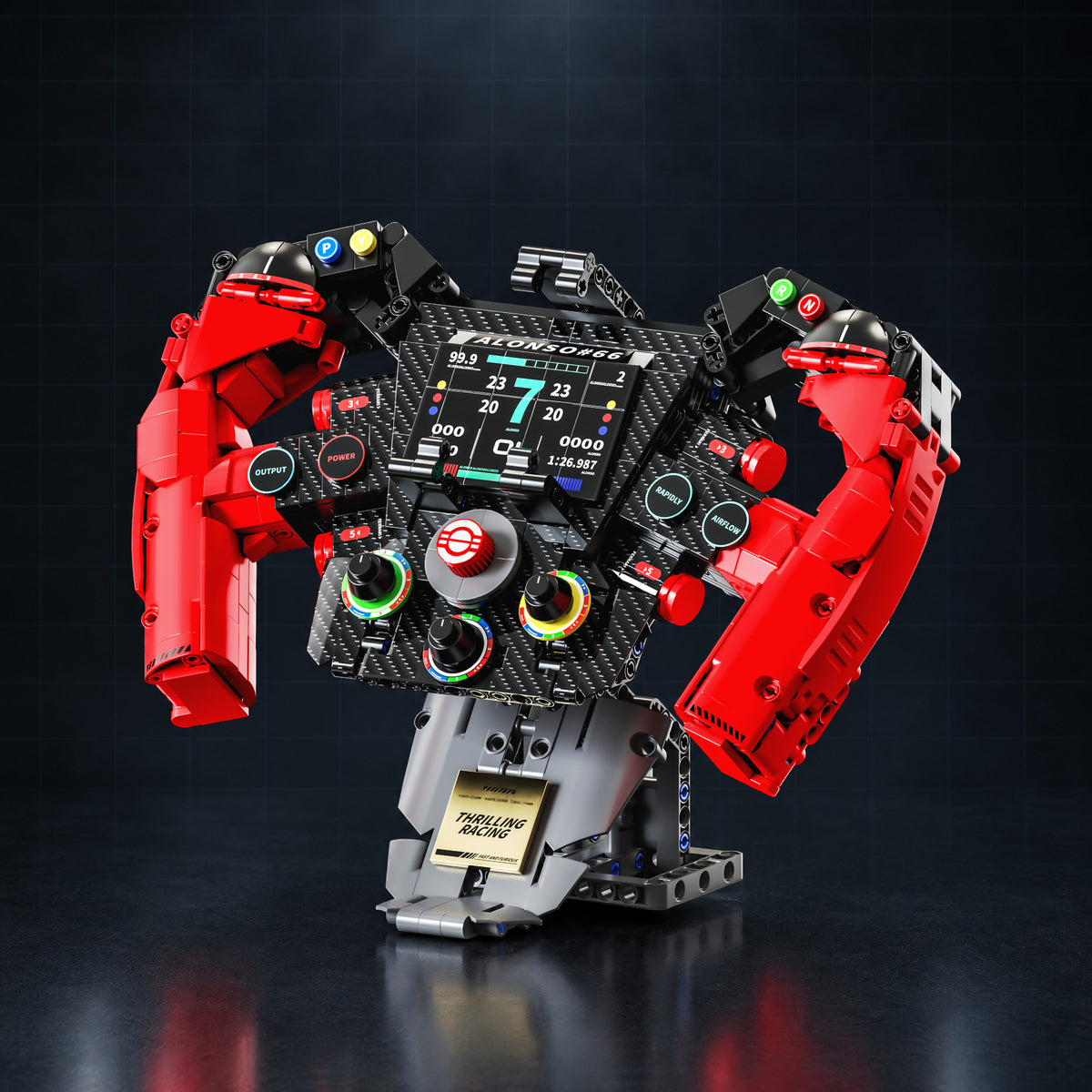 Red Grand Prix Steering Wheel in a dark studio