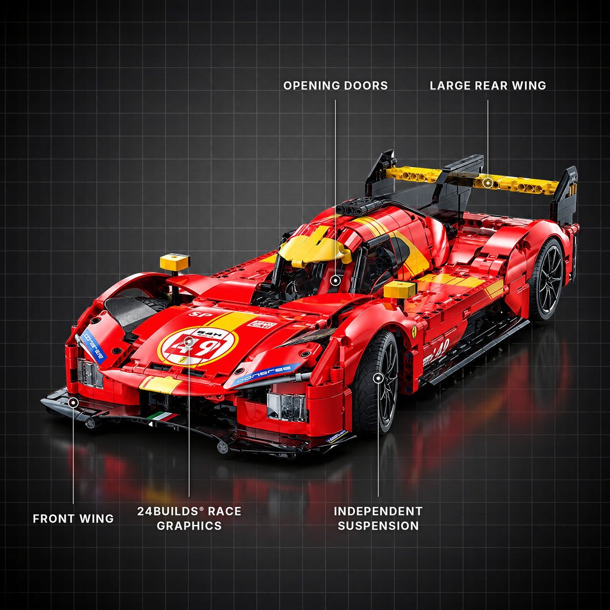 Remote Controlled Endurance Hypercar Champion brick model with its key features labelled