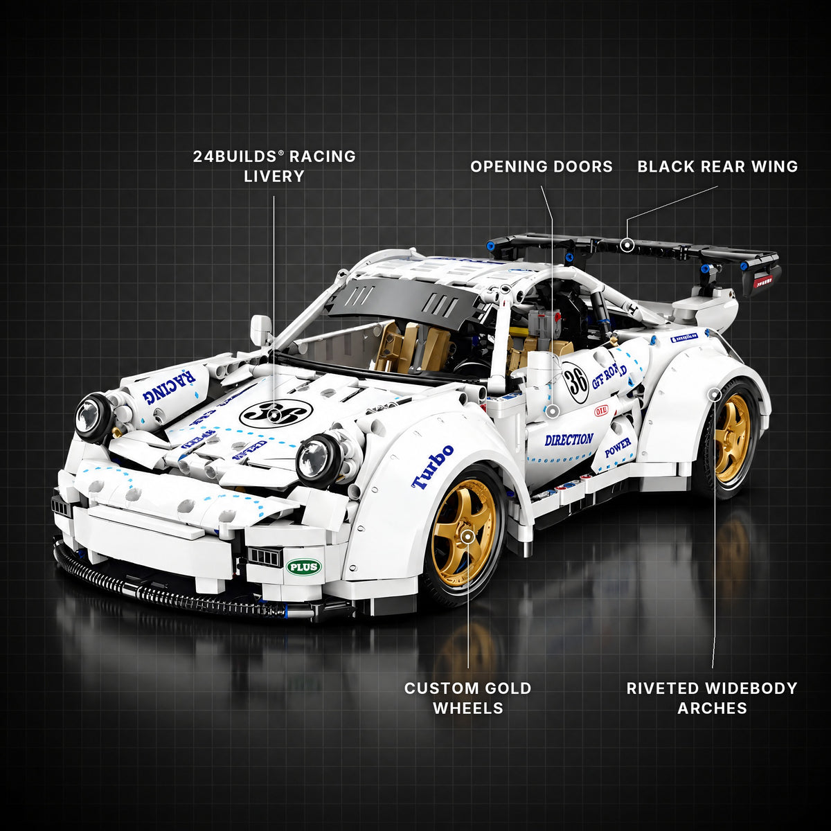 Remote Controlled German Widebody GT Racer brick model with its key features labelled