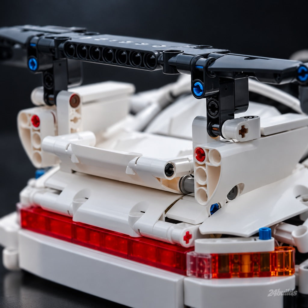Remote Controlled German Widebody GT Racer brick model, black rear wing and light bar