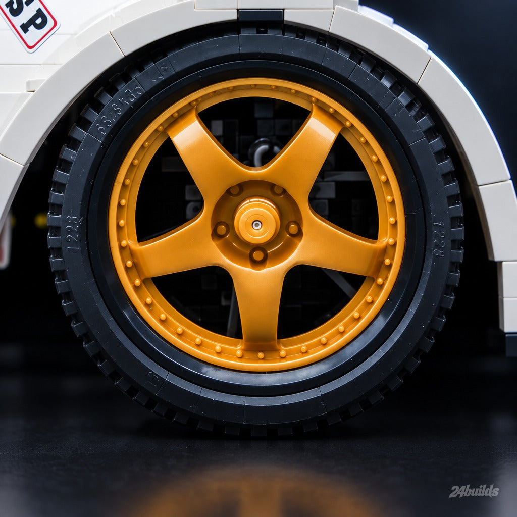 Remote Controlled German Widebody GT Racer brick model, gold wheel under widebody arch