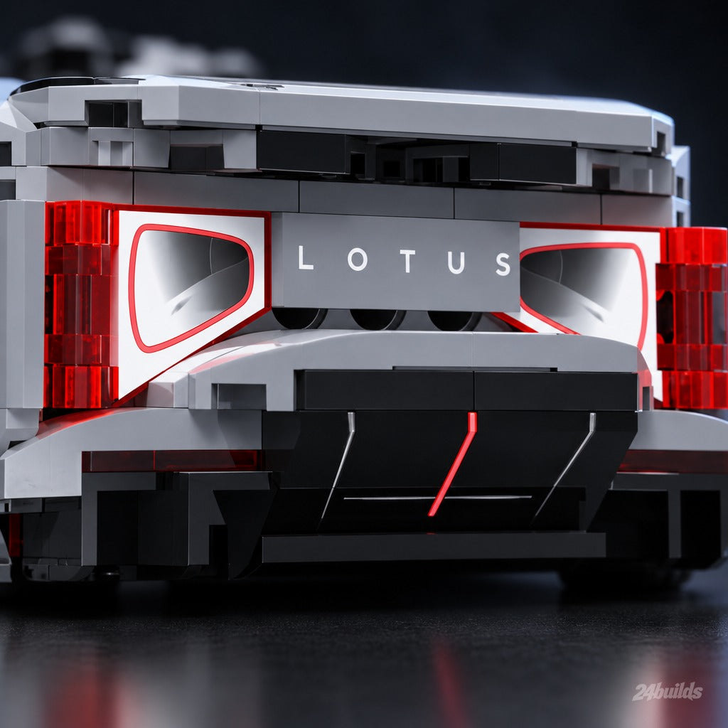 Remote Controlled Lotus Evija brick model, tail-lights and LOTUS lettering