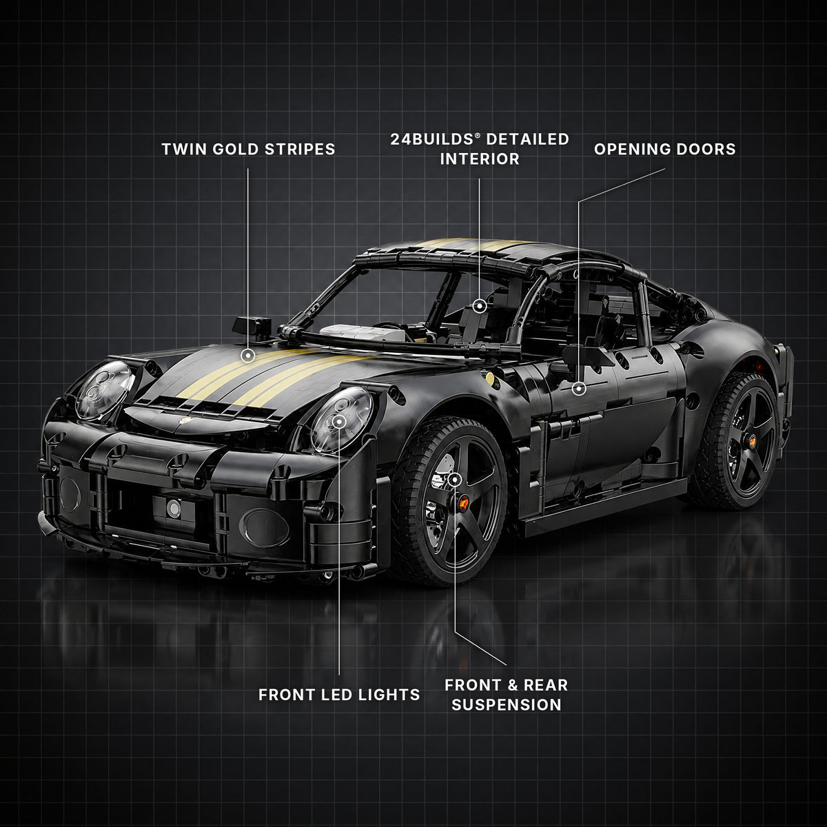 Remote Controlled RUF GT brick model with its key features labelled