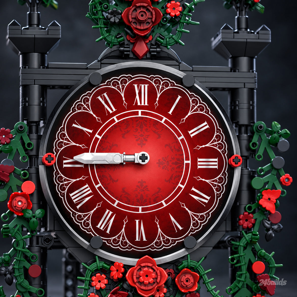 Rose Pendulum Clock brick model, red Roman numeral dial framed by roses