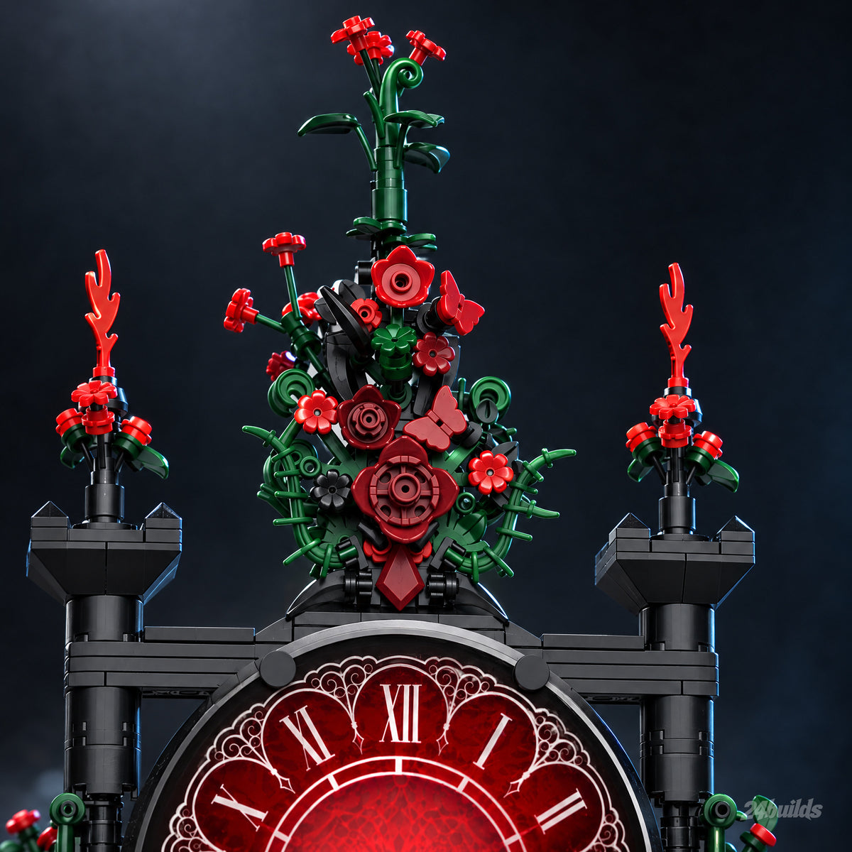 Rose Pendulum Clock brick model, black gothic turrets with red spires and a crown of roses