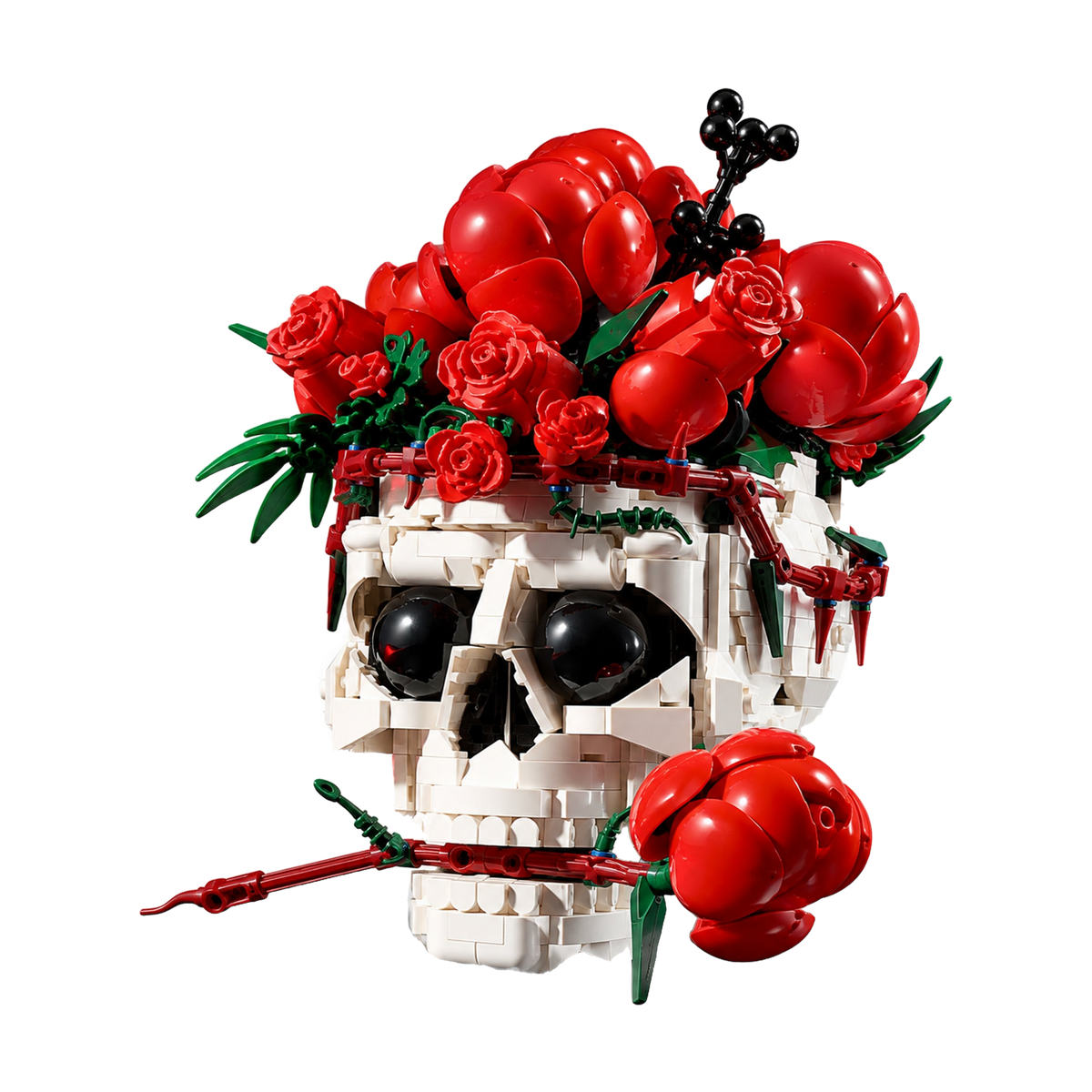 Roses that bloom and lift out of a skull