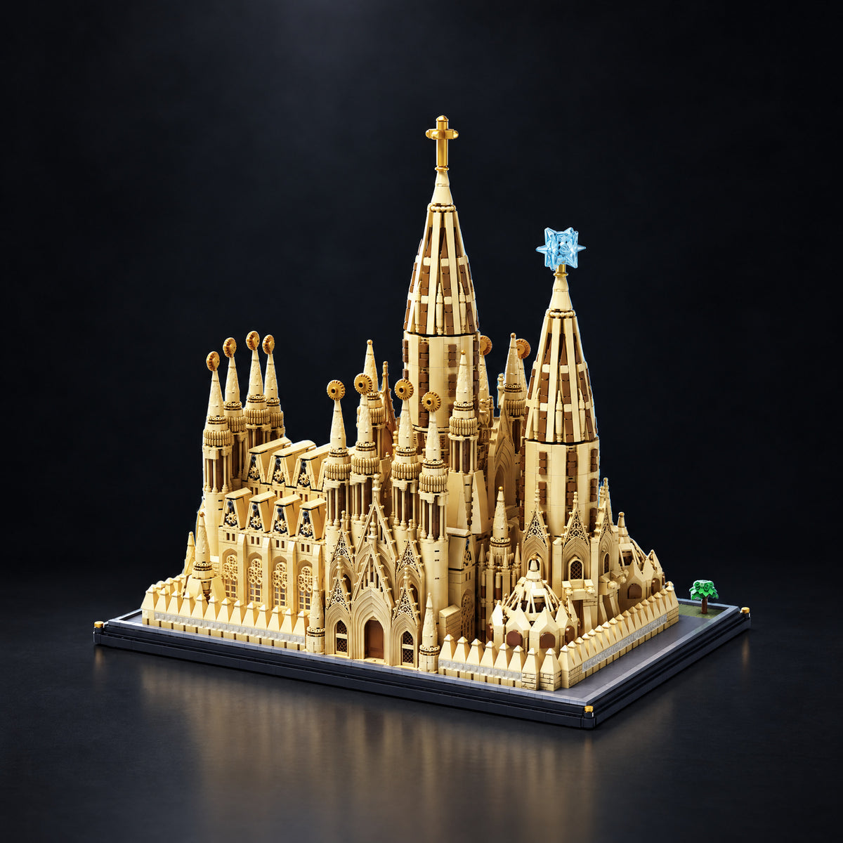 Sagrada Família brick model, three-quarter view, dark studio