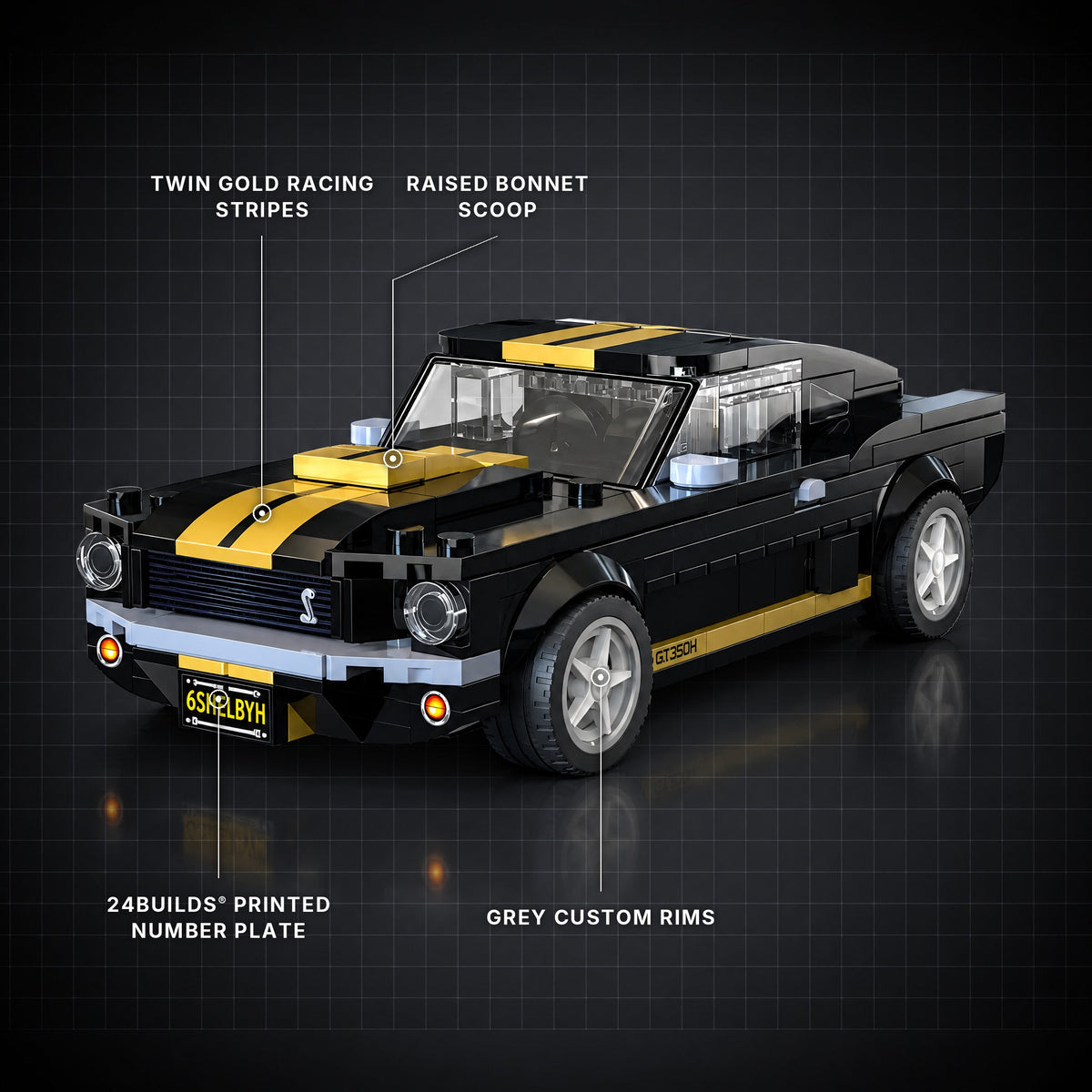Shelby GT350H brick model with its key features labelled