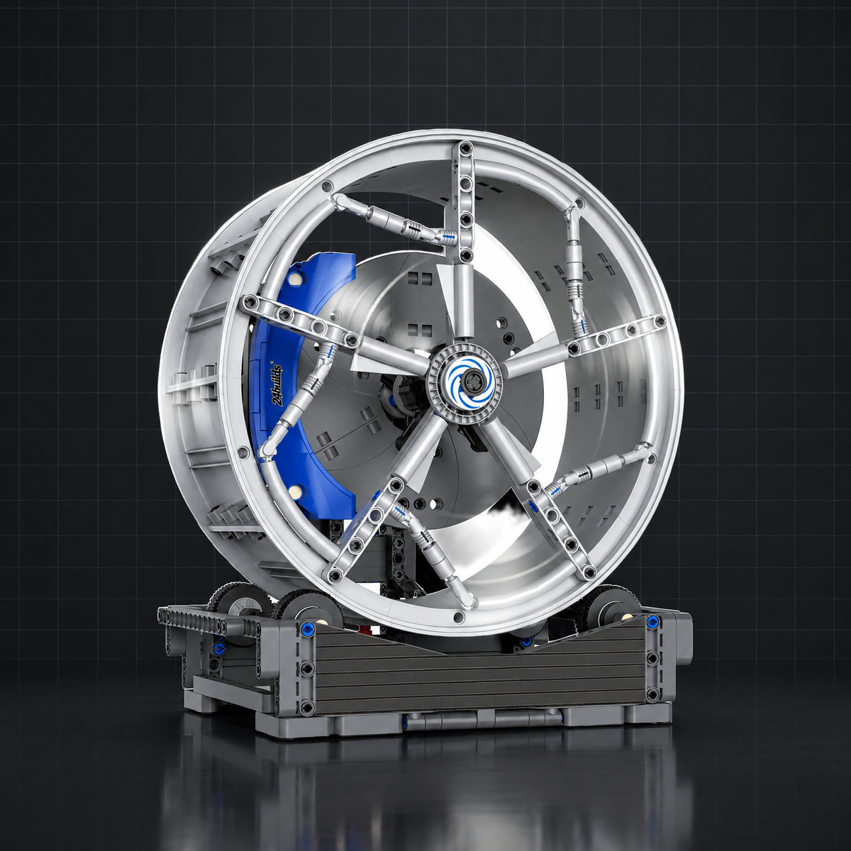 Silver Split-Spoke Wheel Hub brick model, three-quarter view, dark studio