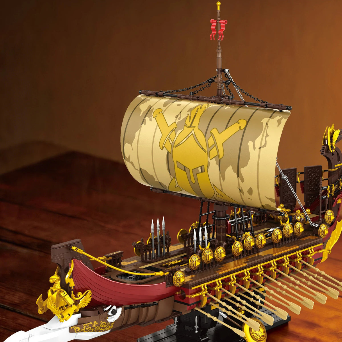 Spartan Warship brick model, sail and deck close-up