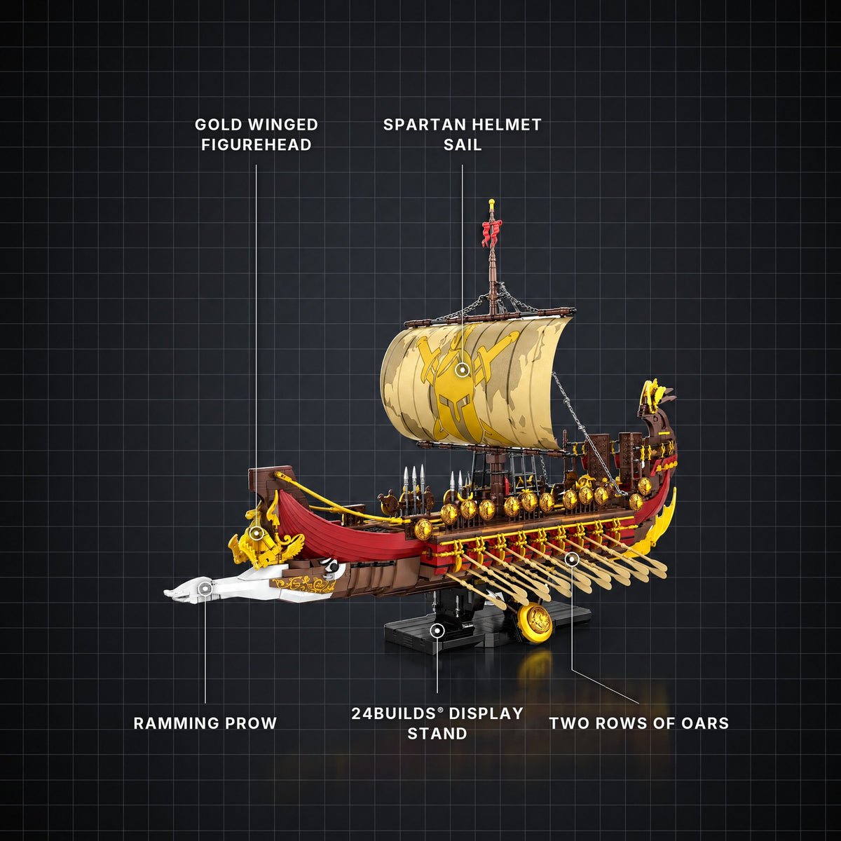 Spartan Warship brick model with its key features labelled