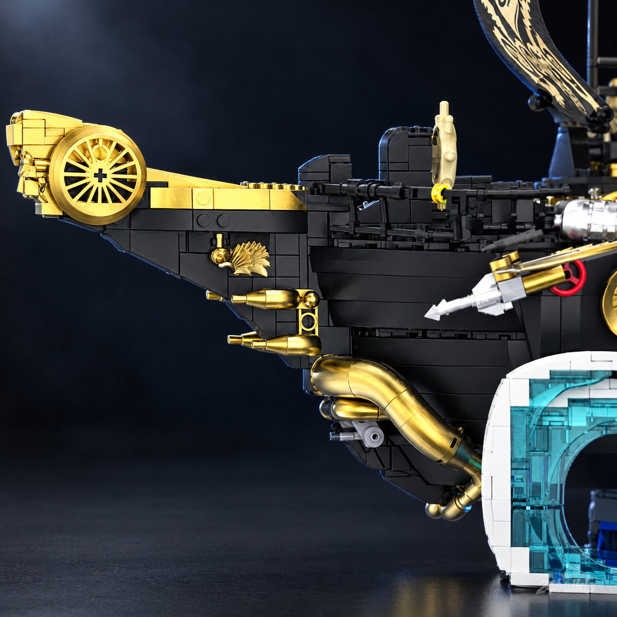 Steampunk Pirate Ship brick model, bow with twin harpoons, gold figurehead and pipes