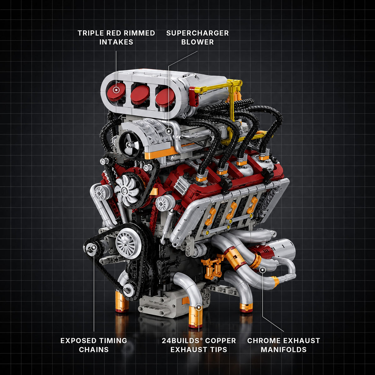 The Ultimate American Supercharged V8 Engine brick model with its key features labelled