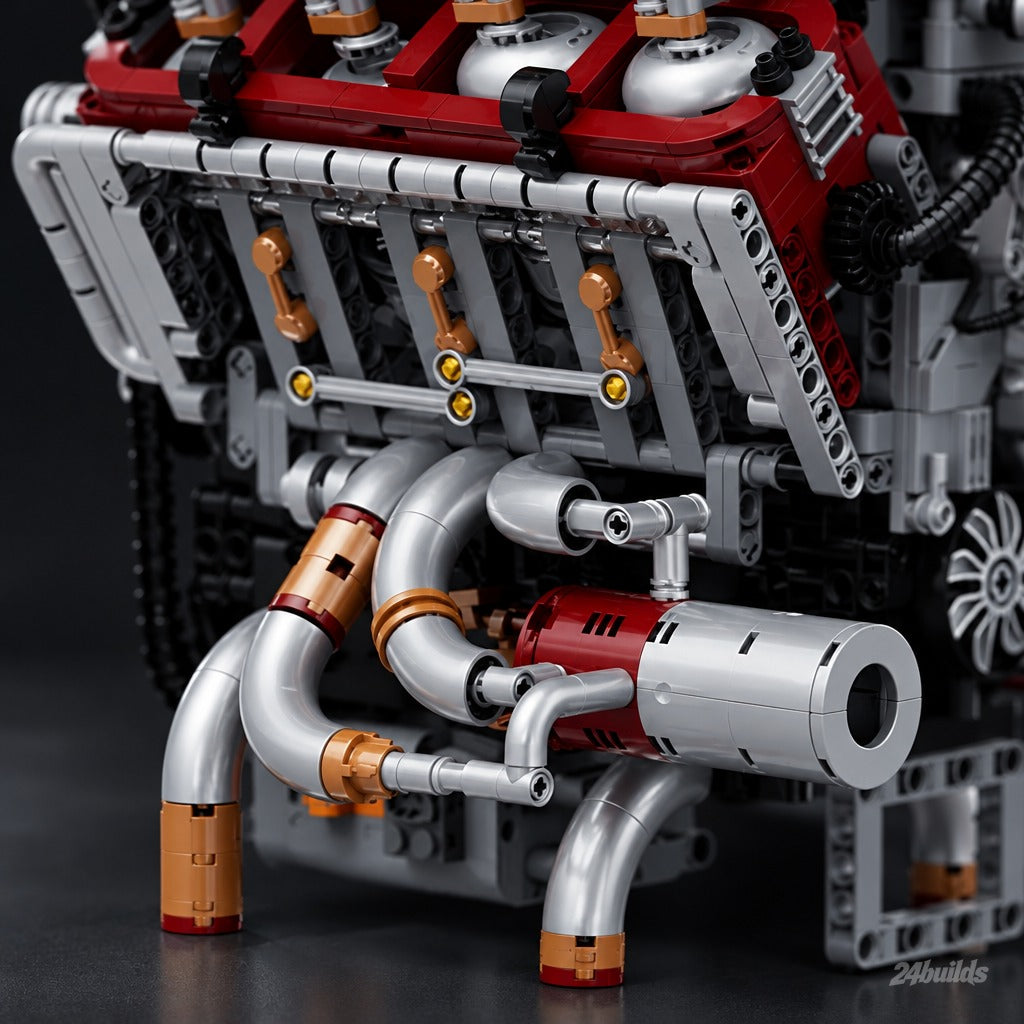 The Ultimate American Supercharged V8 Engine brick model, chrome exhaust manifolds close-up