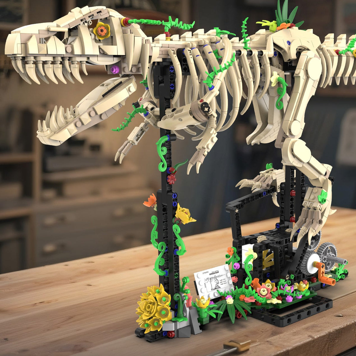 T-Rex Fossil Skeleton brick model on a wooden workbench