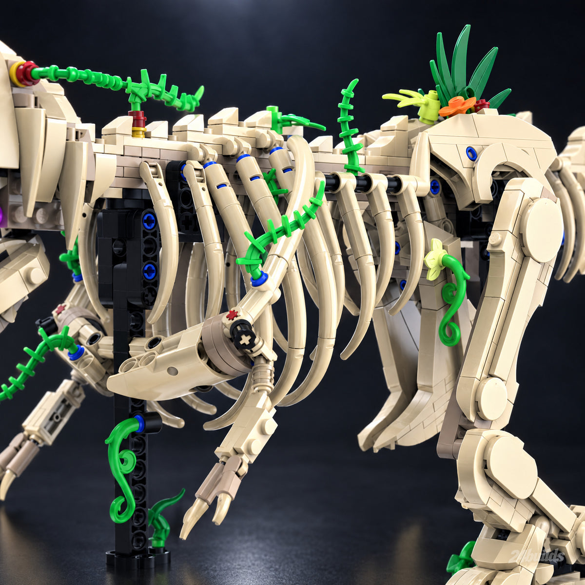T-Rex Fossil Skeleton brick model, ribcage and spine wrapped in green vines and flowers