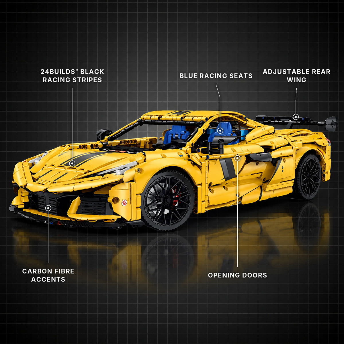 The Ultimate American V8 Supercar brick model with its key features labelled