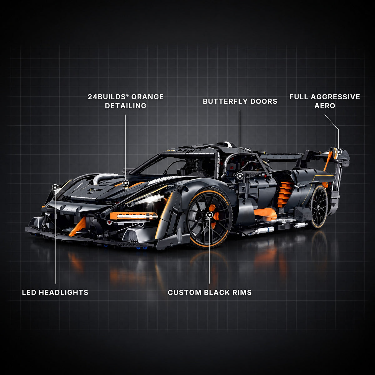 The Ultimate British Aero V8 Hypercar brick model with its key features labelled
