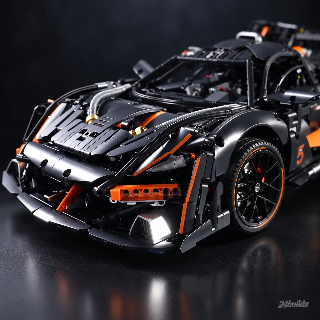 The Ultimate British Aero V8 Hypercar brick model, front end with orange accents