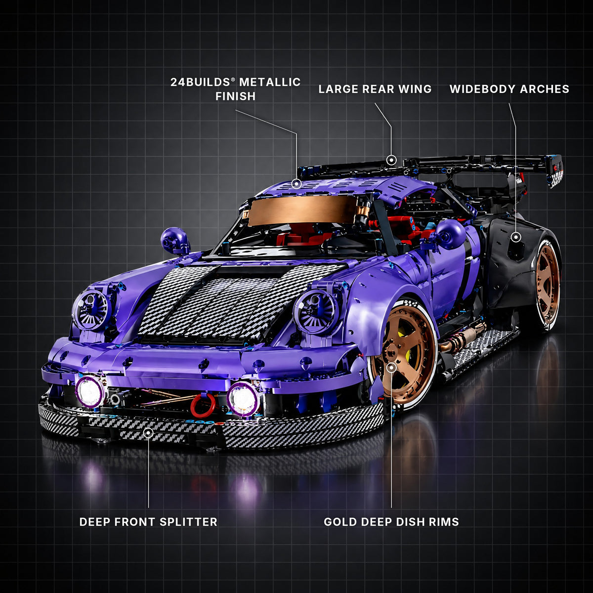 The Ultimate German Widebody GT Racer brick model with its key features labelled