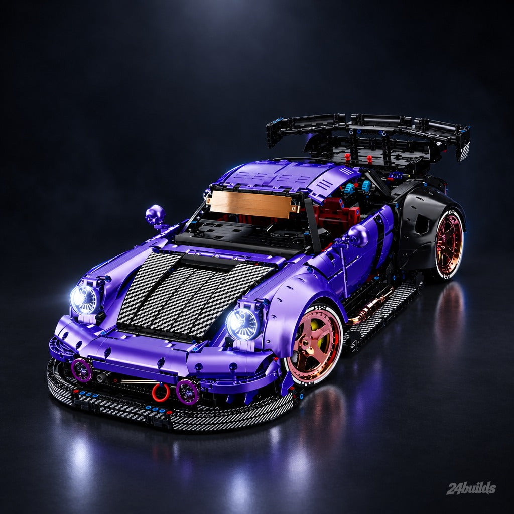 The Ultimate German Widebody GT Racer brick model, with LED headlights on