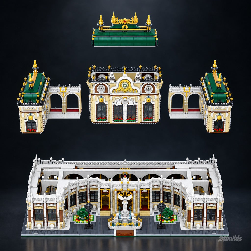 The Ultimate Grand Palace brick model, modular sections lifted apart