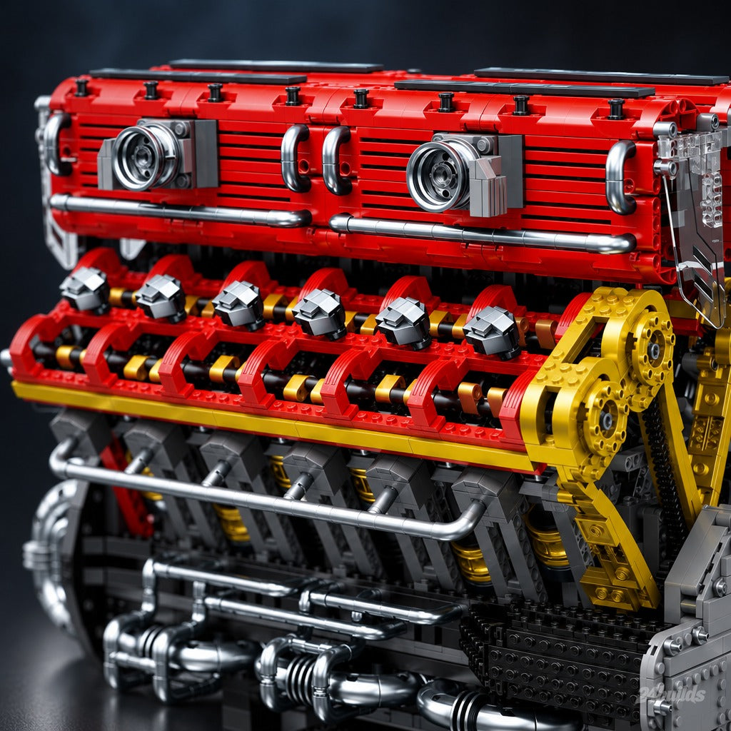 The Ultimate Italian V12 Supercar Engine brick model, red cam covers close-up
