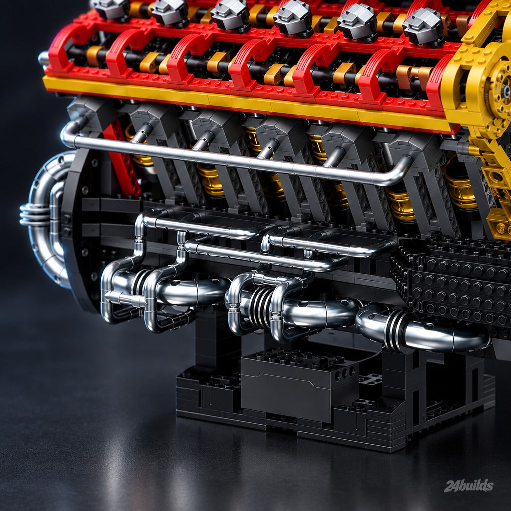 The Ultimate Italian V12 Supercar Engine brick model, chrome exhausts and display stand