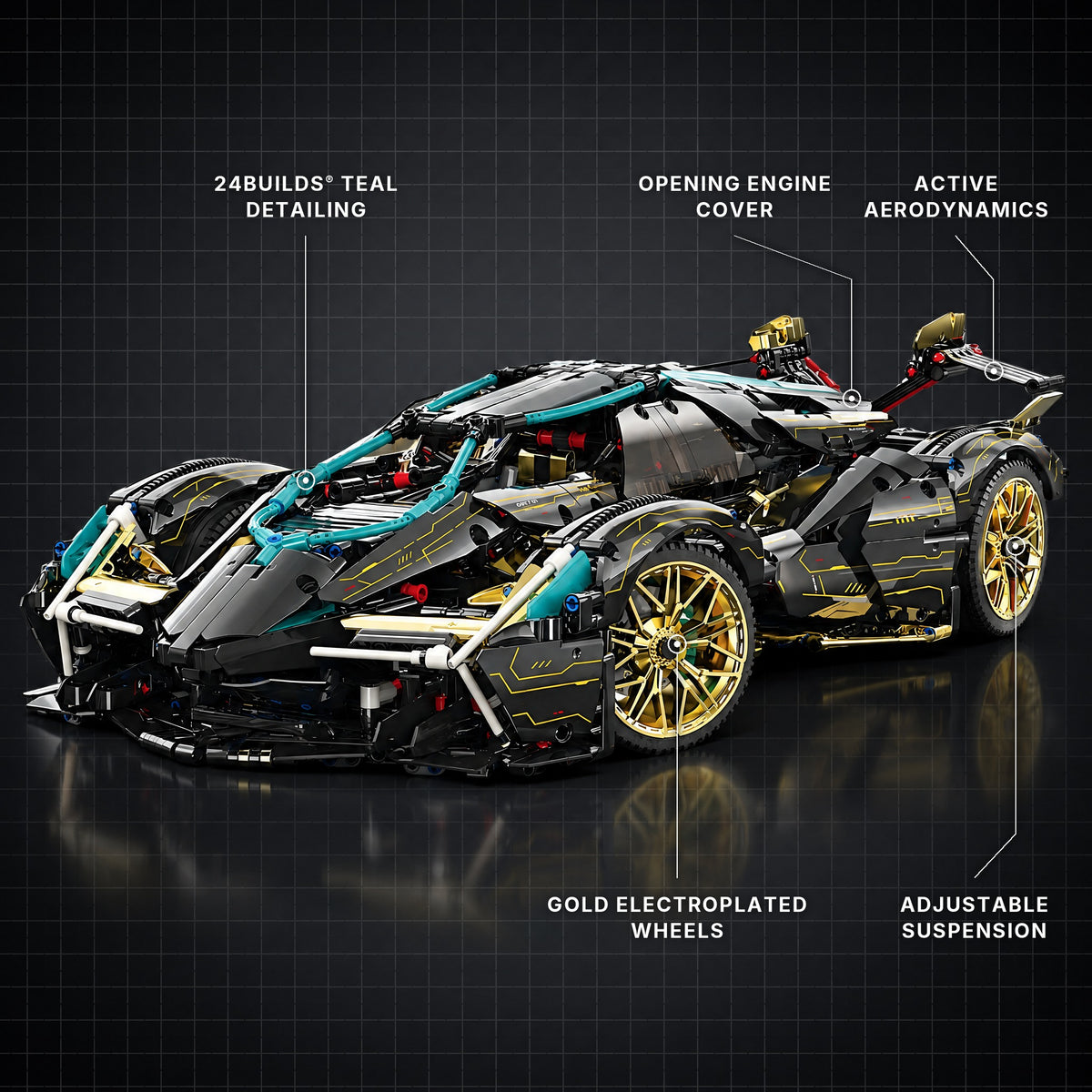 The Ultimate Italian V12 Concept brick model with its key features labelled