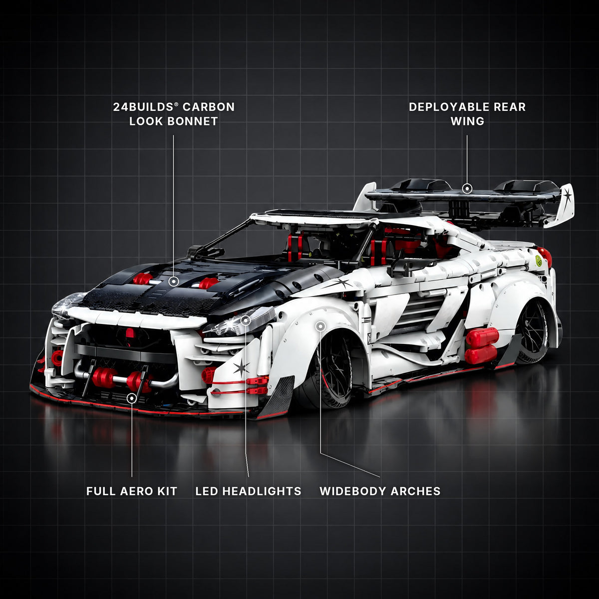 The Ultimate JDM Widebody Supercar brick model with its key features labelled