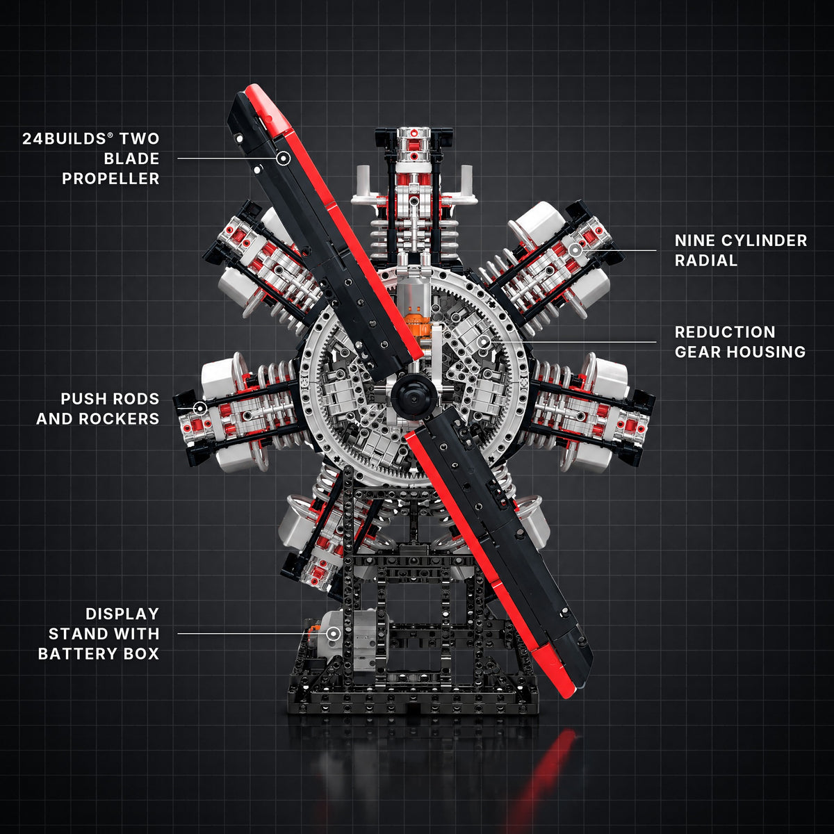 The Ultimate Radial Aircraft Engine brick model with its key features labelled