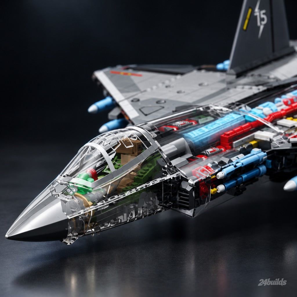 Transparent J-35 Fighter Jet brick model, clear canopy and cockpit close-up